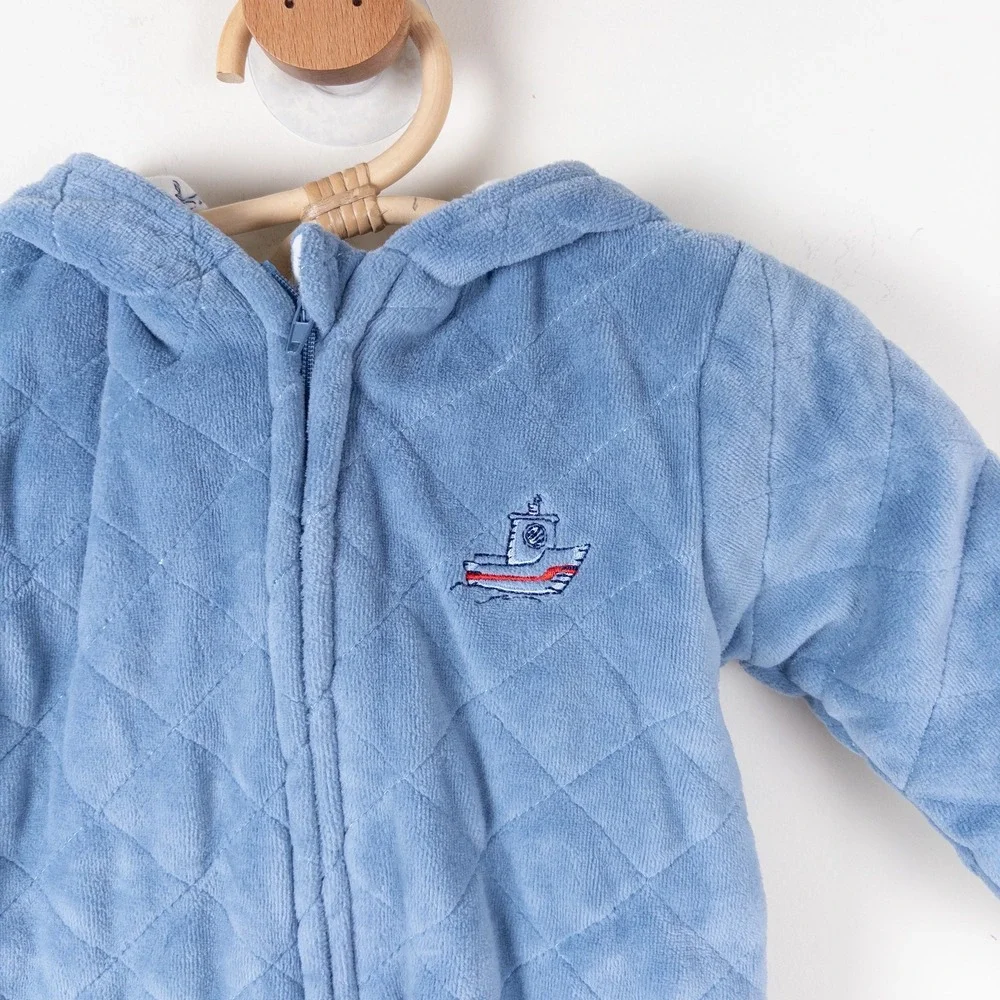 Laura Ashley Pram Suit Baby‎ 6-9M Blue Quilted Velour Nautical Hooded Outerwear